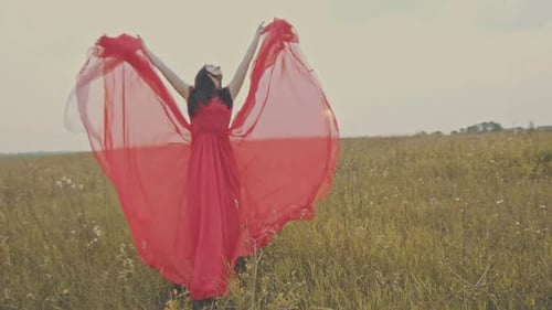 A Young Girl in a Red Dress Standing in a Field of Grass and Throws Up His Hands Lifting the Floors