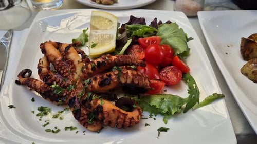 Grilled Octopus on a White Plate with Green Salad, Tomatoes, and Lemon