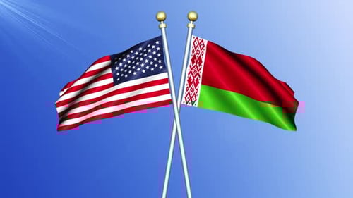 United States and Belarus National Flags Waving on Blue Background