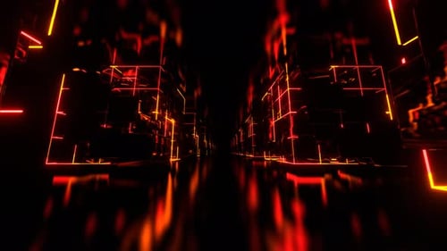 Orange And Red Cyber Space With Neon Abstract Cubic Forms Background Vj Loop In 4K