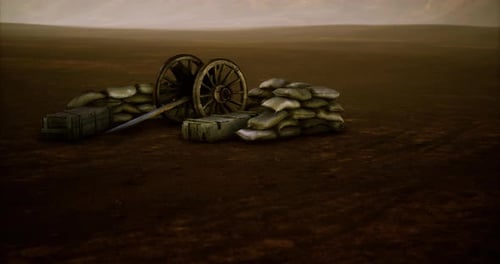 Animated 3D Cannon and Sandbags on a Battlefield