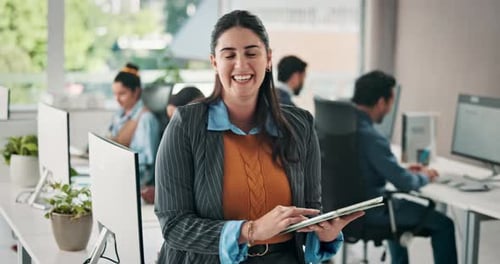 Happy woman, face and project manager with tablet in agency for company management in office