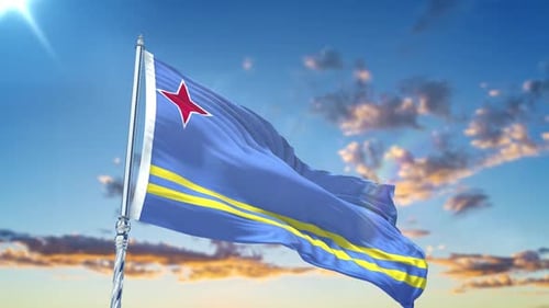 Realistic Aruba Flag Waving in Clear Blue Sky Loop