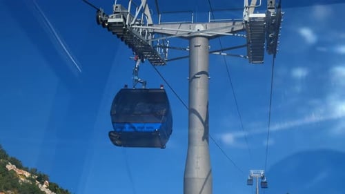 Cable Cars Ascending Over Mountain Under Blue Sky