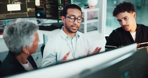 People, mentor and developer with computer in office of programming, information