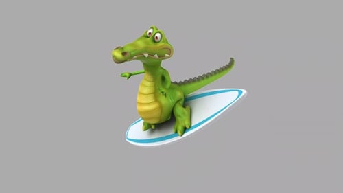 Fun 3D cartoon crocodile surfing with alpha channel