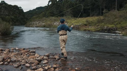 Man Wades River, Fly Fishing in Wilderness