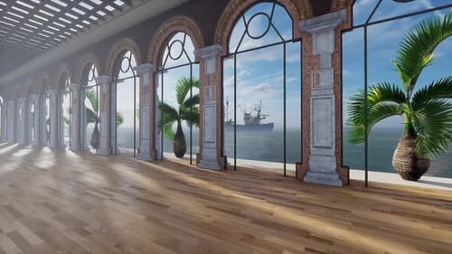 Spacious interior with ocean view and arched windows