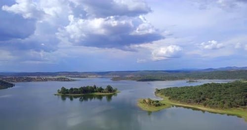 Dam Drone View. Pan movement In Dam show small island.