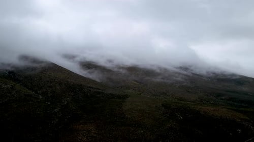 Aerial view of misty mountain range with low cloud, South Africa.