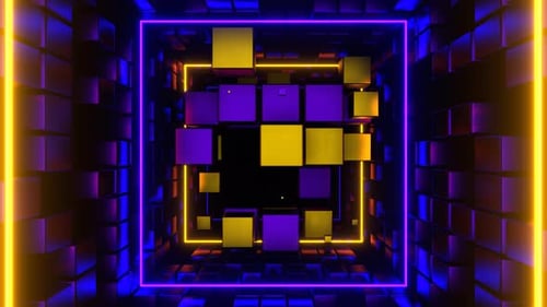 Gold And Purple Cubic Entity Move Through Tunnel Background Vj Loop In 4K