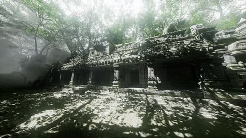Ancient Temple Ruins Enveloped in Lush Greenery Under Soft Light