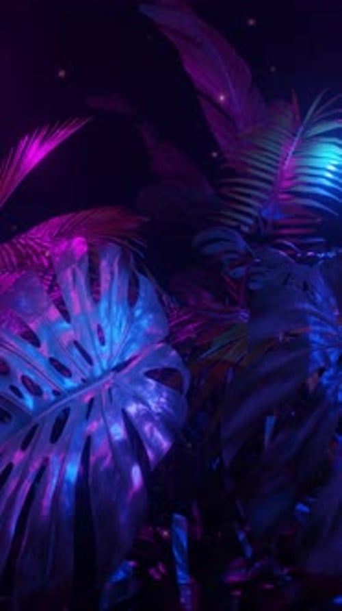 Vertical Video Purple and Blue Neon Lights in a Dark Jungle with Tropic Plants Loop Animation