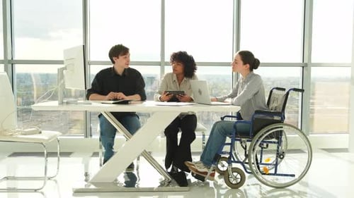 Teamwork Brainstorm Diverse Multiracial Colleagues Woman in Chair for People with Disability Working