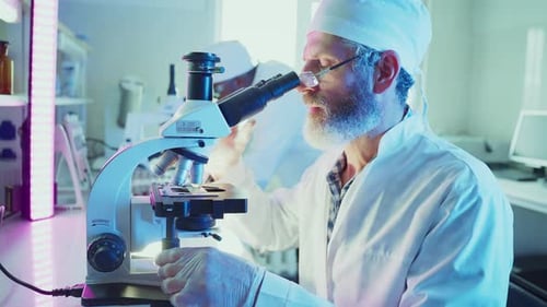 Wissenschaftler analysieren Probe mit Mikroskop im Labor