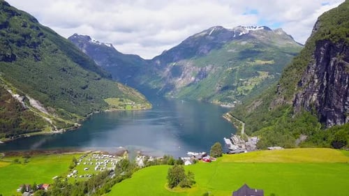 Geiranger at Geirangerfjord Aerial View Norway