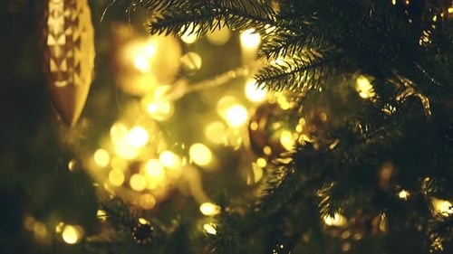 Christmas Tree with Golden Decorations and Lights
