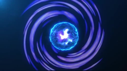 Blue purple particle plasma sphere with glowing fractal rotating vortex, orb with energy liquid core