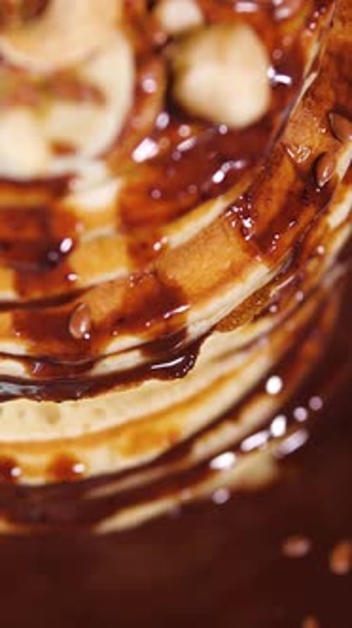 Vertical Screen Sweet Pancakes with Chocolate Syrup