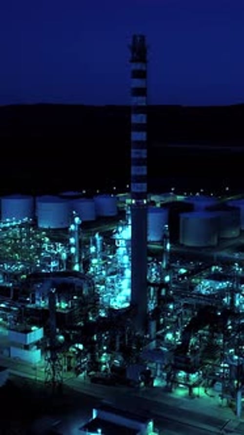 Aerial View of Illuminated Industrial Complex at Night
