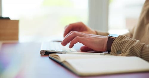 Man, hands and typing on keyboard for business, article research and email communication in office