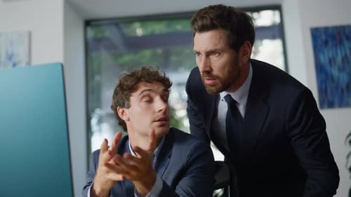 Coworkers Discussing Business Plan Corporate Office Closeup Men Looking Monitor