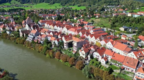 Aerial view of Frohnleiten along Mur river, Austria.