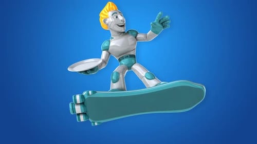 Animated Robot Character on Hoverboard Holding Serving Plate