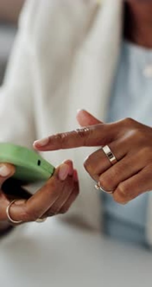 Financial advisor, hands or woman with cellphone, scroll and digital app for social media