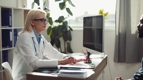 Female Doctor Consults with Patient in Sunny Office