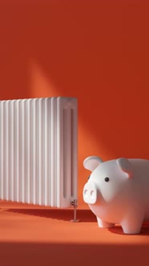 This animation presents a heating radiator alongside a piggy bank