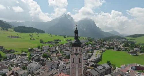 Aerial shot of Castelrotto village in the Italian Dolomites