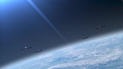 Alien saucer ufo's fleet flying above earth clouds