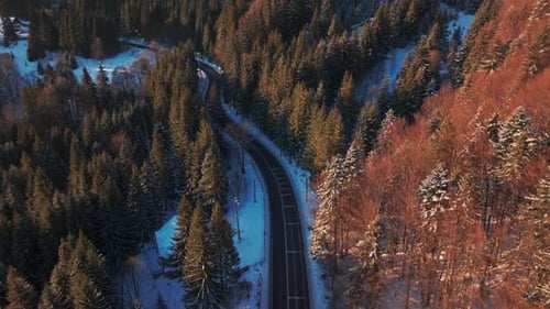 Winding snowy road through forest landscape on a clear sunny winter day