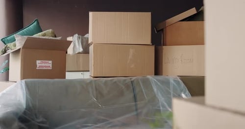 Packed cardboard boxes and covered sofa in room
