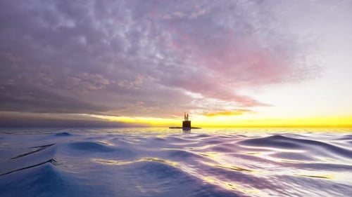 Militär-U-Boot taucht bei Sonnenuntergang auf offener See auf