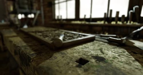 Craftsmanship in an Old Workshop with Tools and Wood Detail