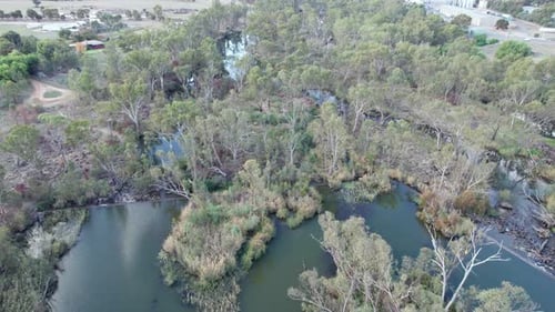 Aerial view over the Loddon River at it flows north of Bridgewater, central Victoria, Australia, May