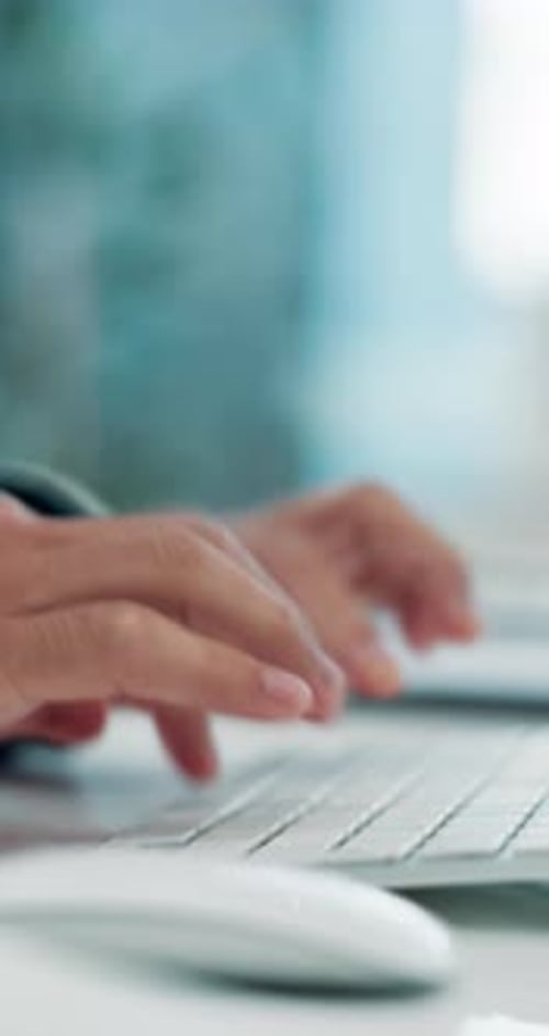 Technology, keyboard and hands of businesswoman typing in office for research on finance report