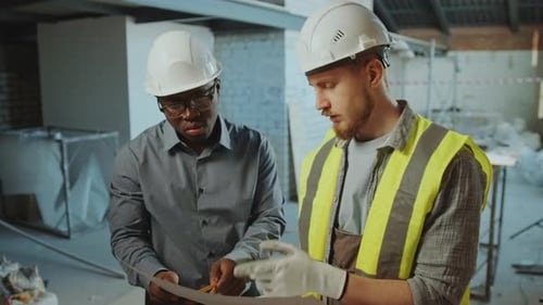 Construction Workers Reviewing Plans in Urban Setting