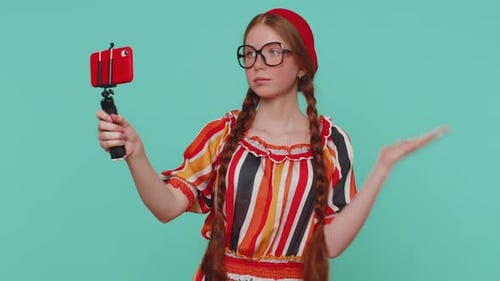Girl Blogger Take Selfie on Mobile Phone Selfie Stick Communicate Video Call Online with Subscribers