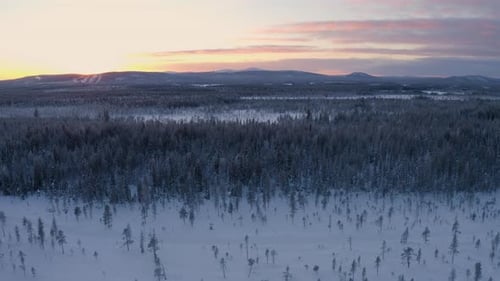 Aerial view flying over quiet glowing dawn wintry mountain range remote forested Scandinavian wilder
