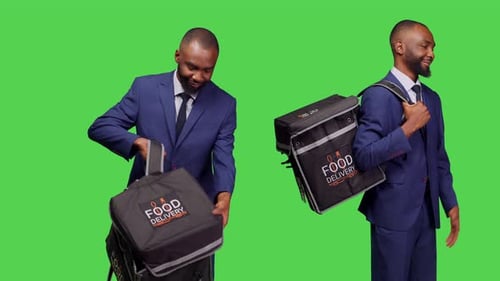 Food Delivery Employee Wearing Formal Suit in Studio
