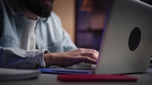 Close Up of Male Hands Typing on Laptop at Night Unrecognizable White Beard Male Working Online