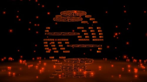 Fondo con partículas anaranjadas que caen, estructura alámbrica de la forma, renderizado 3D, reflexión, exclusivo