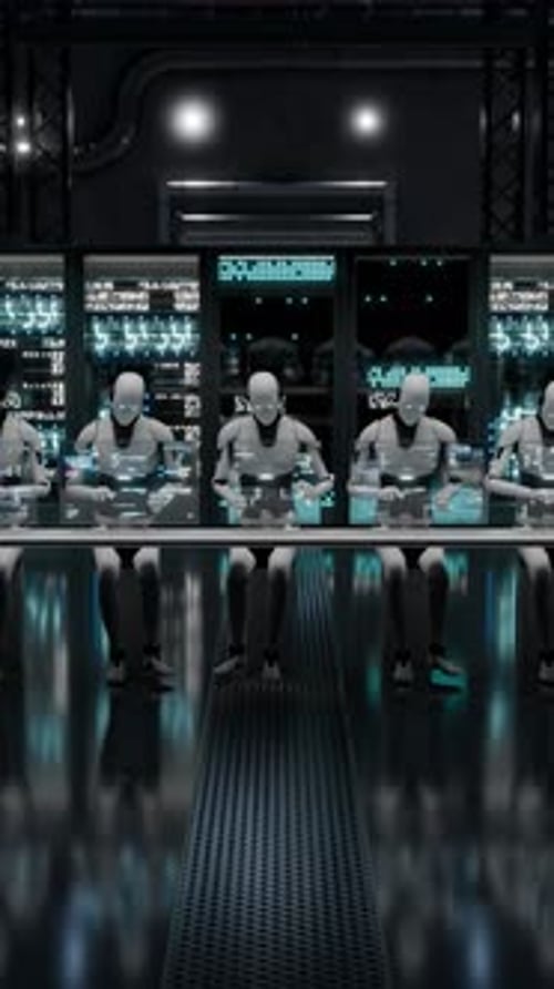 Robots Interacting with Holographic Data in Futuristic Server Room