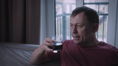 Portrait of a Young Man Drinking Alcohol From a Glass the Man's Pensive Face Sitting on a Sofa