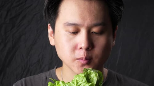 Young Man Eating Lettuce on Dark Background