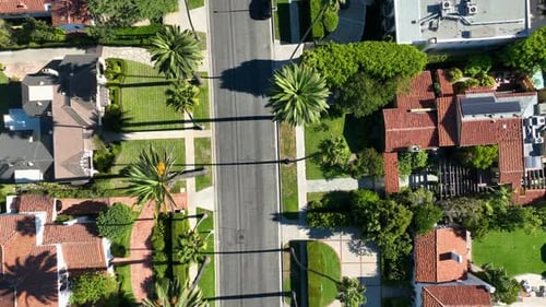 Birdseye aerial view above houses and streets in sunny Beverly hills, Los Angeles