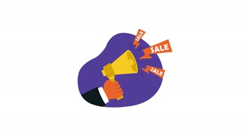 Animated Hand Holding Megaphone Announcing Sale Promotion